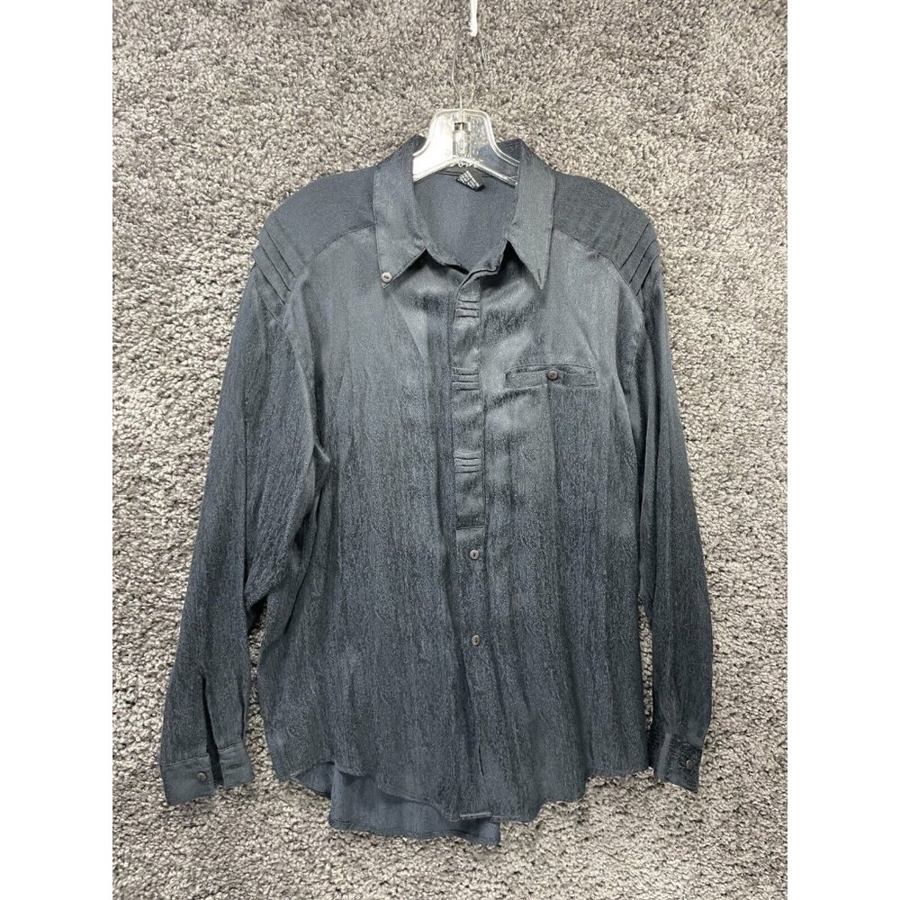 Vintage Forte Shirt Mens Small Black Rayon Pleated Shoulder Designer Button-Down